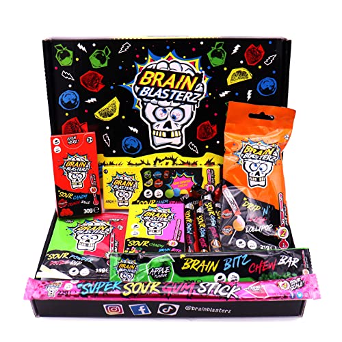 Brain Blasterz Bitter Candy Box – Hard sour caramel, brainbreaker, caramel spray, brain bitz, chewing bars and more sour sweets | Apple, strawberry, watermelon, cola and more