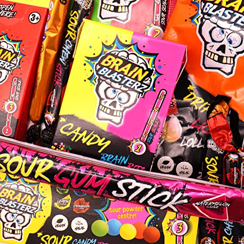 Brain Blasterz Bitter Candy Box – Hard sour caramel, brainbreaker, caramel spray, brain bitz, chewing bars and more sour sweets | Apple, strawberry, watermelon, cola and more