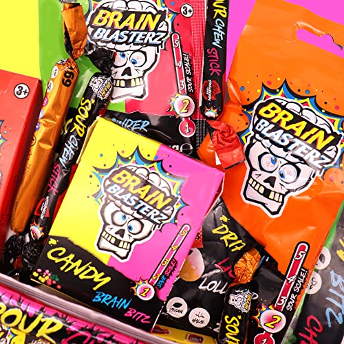 Brain Blasterz Bitter Candy Box – Hard sour caramel, brainbreaker, caramel spray, brain bitz, chewing bars and more sour sweets | Apple, strawberry, watermelon, cola and more