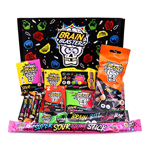 Brain Blasterz Bitter Candy Box – Hard sour caramel, brainbreaker, caramel spray, brain bitz, chewing bars and more sour sweets | Apple, strawberry, watermelon, cola and more