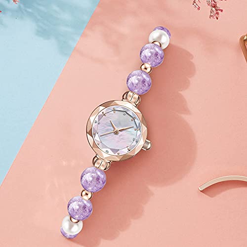 CIVO Reloj de pulsera para mujer con pulsera de perlas, diseño creativo y sencillo, caja de oro rosa, reloj de cuarzo para niñas y mujeres, relojes impermeables, 4 morados., M,