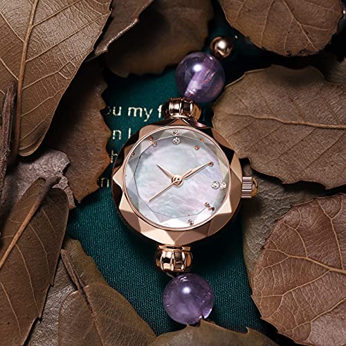 CIVO Reloj de pulsera para mujer con pulsera de perlas, diseño creativo y sencillo, caja de oro rosa, reloj de cuarzo para niñas y mujeres, relojes impermeables, 4 morados., M,