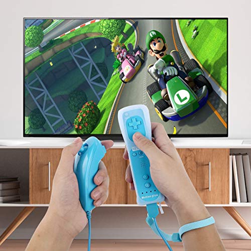 Controlador de Movimiento Remoto Inalámbrico Wii, Controlador Motion Plus Integrado Remoto e Nunchuck con Custodia en Silicona para Wii e Wii U (Blue)