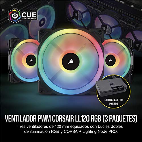 Corsair LL120 RGB Ventilador de PC (120 mm, Doble Halo RGB LED PWM) Paquete Tripla con Lighting Node PRO