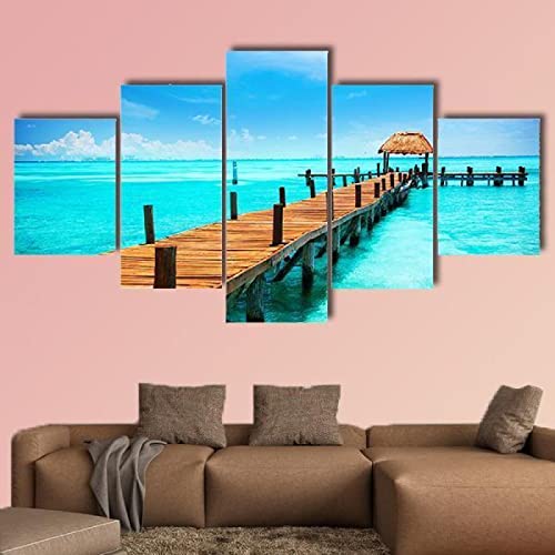 impresión en lienzo 5 piezas cuadro sobre lienzo,5 piezas cuadro en lienzo,5 piezas lienzo decorativo,5 piezas lienzo pintura mural,regalo Navidad,Tropic Paradise Jetty Mexico,Decoración hogareña