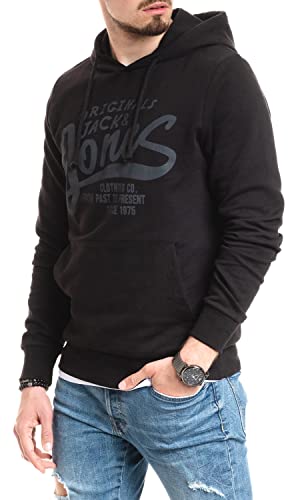 Jack and Jones - Sudadera con capucha para hombre, cuello redondo, estampado, Black Origin/Slim 875, L