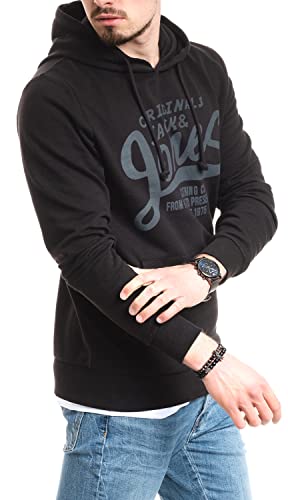 Jack and Jones - Sudadera con capucha para hombre, cuello redondo, estampado, Black Origin/Slim 875, L