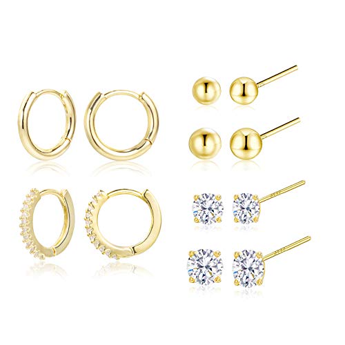 Juego de aretes de aro chapados en oro de 14 quilates, varios piercings de circonita cúbica, pequeños abrazos para mujeres y niñas (6 pares)