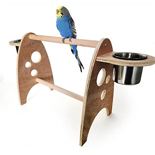 JYF Parrot Bird Perch Table Top Stand Bird Playground Parrot Birdcage Madera natural con alimentador Tazas Juguetes para periquitos Plataforma de perca para loros Stand