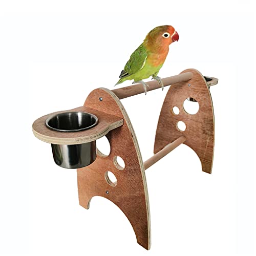 JYF Parrot Bird Perch Table Top Stand Bird Playground Parrot Birdcage Madera natural con alimentador Tazas Juguetes para periquitos Plataforma de perca para loros Stand