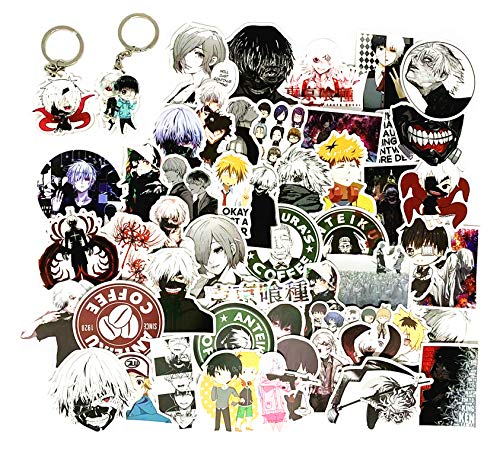 Laoji 50 pegatinas de anime Tokyo Ghoul y 2 llaveros, impermeables Tokyo Ghoul paquete de pegatinas para computadora portátil, coche, botella de agua, equipaje, PS4 (Tokyo Ghoul)