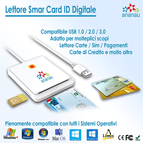 Lector Smart Card Firma Digital Tarjeta Identidad Tarjeta Electrónica Tarjeta Sanitaria Inps Aruba Reader Schede Dispositivo Compatible Apple Mac Windows Computer Sim Memory Cable USB Portátil Blanco