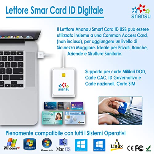 Lector Smart Card Firma Digital Tarjeta Identidad Tarjeta Electrónica Tarjeta Sanitaria Inps Aruba Reader Schede Dispositivo Compatible Apple Mac Windows Computer Sim Memory Cable USB Portátil Blanco