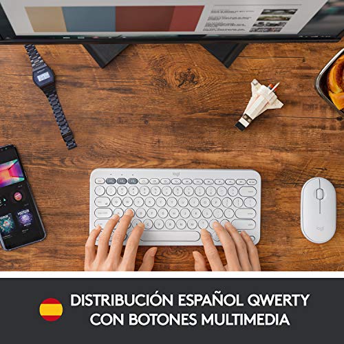 Logitech K380 Teclado Inalámbrico Multi-Dispositivo para Windows/Apple iOS/Android/Chrome, Bluetooth, Diseño Compacto, PC/Mac/Portátil/Smartphone/Tablet/Apple TV, Disposición QWERTY Español - Blanco