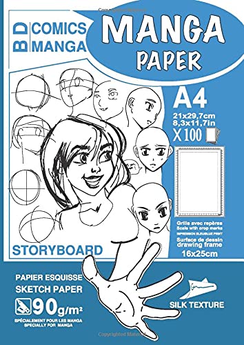 MANGA PAPER STORYBOARD: Manga Cartoon Paper | Grid with Markers | blank comic strips | A4 - Drawing Area (16x25cm) | 100 Sheets | ... blue cover - Practice drawing