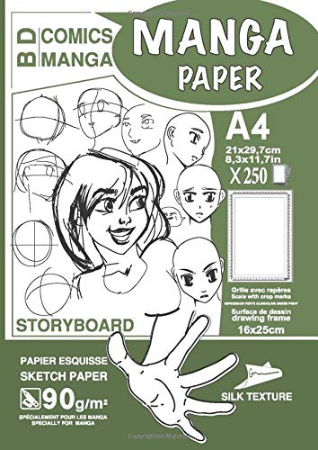 MANGA PAPER STORYBOARD: Manga Cartoon Paper | Grid with Markers | blank comic strips | A4 - Drawing Area (16x25cm) | 250 Sheets | ... GREEN OLIVE cover - Practice drawing