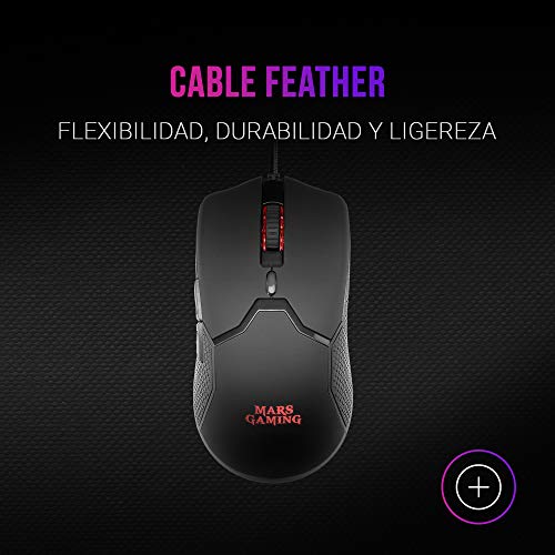 Mars Gaming MMV Negro, Ratón Gaming RGB Ultraligero 69g, 10000DPI, Cable Feather