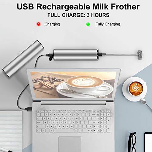 MOSUO Espumador de Leche Eléctrico, USB Recargable Batidor de leche de Acero Inoxidable con Cabezal Doble/Simple y Batidor de Globo, Mini Batidora para Huevos Cafe Latte Cappuccino