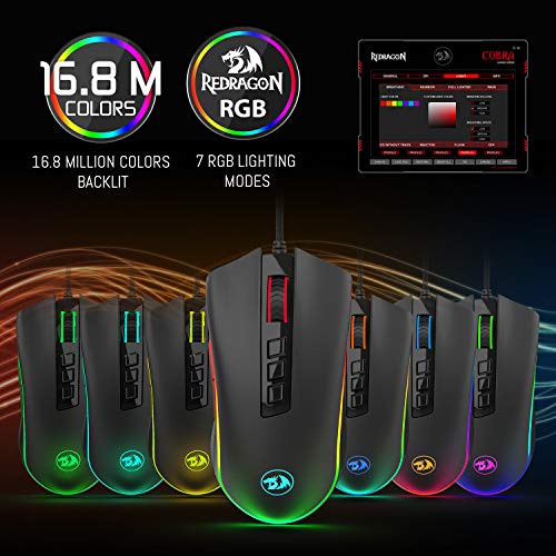 Redragon M711 COBRA Raton Gaming RGB Windows, Sensor Pixart P3325 10,000 DPI, 8 Botones Programables, Memoria integrada, Interruptores 20 Millones clics, Cable mallado. Raton Gamer PC Compatible