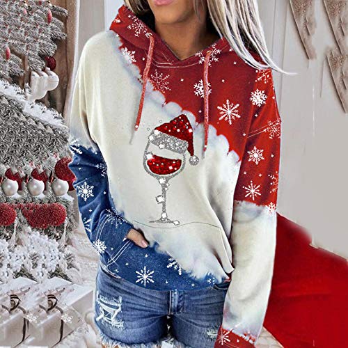 riou Sudaderas Mujer con Capucha Navidad Costura con Cordón Suéter impresión Camiseta con Bolsillo Deportivos Pullover Moda Originales Top Otoño e Invierno