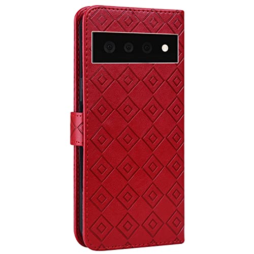 ShinyCase para Google Pixel 6 Pro Carcasa,Flip Case Patrón Celosía en Relieve PU Piel Funda Ranura Tarjetas y Billetera Plegable Magnético Cartera Estuches para Google Pixel 6 Pro,Rojo