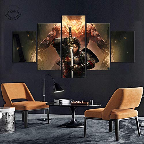 SINGLEAART Impresión De Lienzo 5 Paneles Cuadros,5 Piezas Pintura,Sala Estar Decoración,Modular Póster,Mural Abstracto,Regalo Cumpleaños,Nioh,Complete Edition,rol del Juego,200Cm×100Cm,con Marco