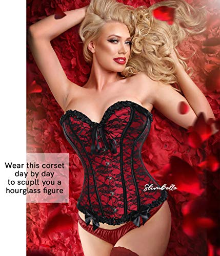 SLIMBELLE Mujeres Bustier corsé Superior Floral Encaje Deshuesado Overbust gótico Sexy Cintura Cincher para Navidad y Fiestas con 1 G-String-Red-6XL