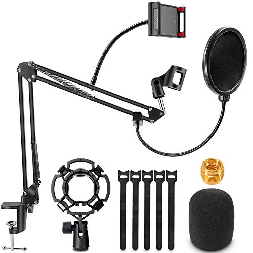 Soporte de Brazo de Micrófono, Renfox Tijera de Pluma de Suspensión Ajustable Soporte de Micrófono con Filtro Pop, Clip de Micrófono, Abrazadera de Servicio Pesado Mejorada para Blue Yeti, etc.