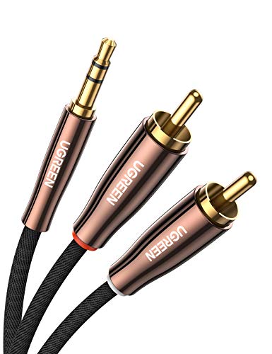 UGREEN Cable RCA a Jack 3.5, Cable RCA Audio Estéreo Algodón Trenzado, Chapado en Oro Conectores Jack 3,5mm Macho a 2RCA Compatible con Altavoces, Amplificador, TV, Barra de Sonido, PC, Móvil, 2Metros