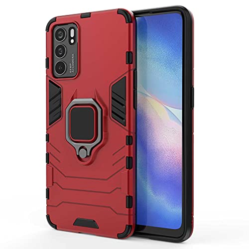 WEIOU Funda para OPPO Reno 6 5G (Reno6 5G), Anti-Rasguño Carcasa TPU Silicona y PC Shock- Absorción Bumper Caso, Protectora Case Cover con 360° Anillo Kickstand, Rojo