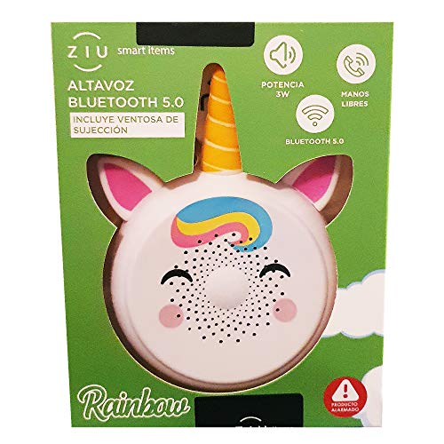 Ziu Rainbow - Altavoz inalámbrico Bluetooth 5.0, Altavoz Portatil, Unicornio, Arcoíris, Micrófono, Manos Libres, Alcance 10 Metros, Batería de 300 mAh, 10 x 10 x 4 cm, 232 gr - Blanco