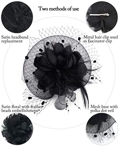 Z&X Sombrero de malla de flor con velo Clip de pelo de boda Derby Hat para las mujeres, #005 Negro, Talla única