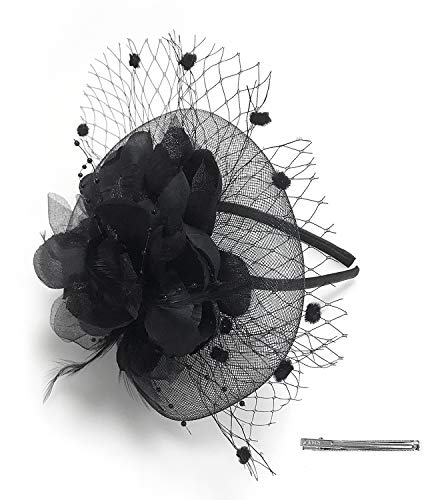 Z&X Sombrero de malla de flor con velo Clip de pelo de boda Derby Hat para las mujeres, #005 Negro, Talla única