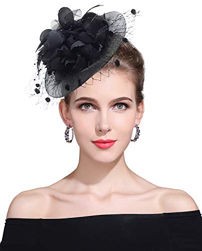 Z&X Sombrero de malla de flor con velo Clip de pelo de boda Derby Hat para las mujeres, #005 Negro, Talla única