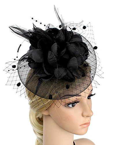 Z&X Sombrero de malla de flor con velo Clip de pelo de boda Derby Hat para las mujeres, #005 Negro, Talla única