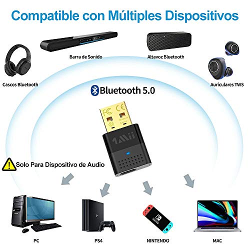 1mii Bluetooth USB PC, Transmisor Audio Bluetooth 5.0, Dongle Bluetooth para PC, PS4, PS5 con APTX Baja Latencia y APTX HD, Adaptador Audio USB de Doble Enlace a Altavoz/Auriculares Bluetooth