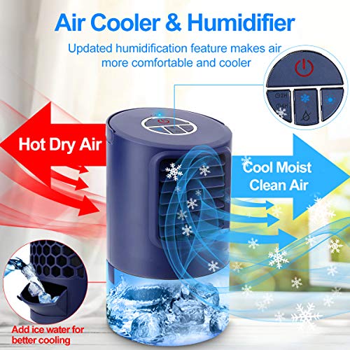 Aire Acondicionador Pequeño, Purificador de Humidificador de Ventilador Enfriador 4 en 1, con 3 Velocidades Temporizador de 2/4 Horas, 7 Colores LED Luces, para el Hogar y la Oficina (Azul)