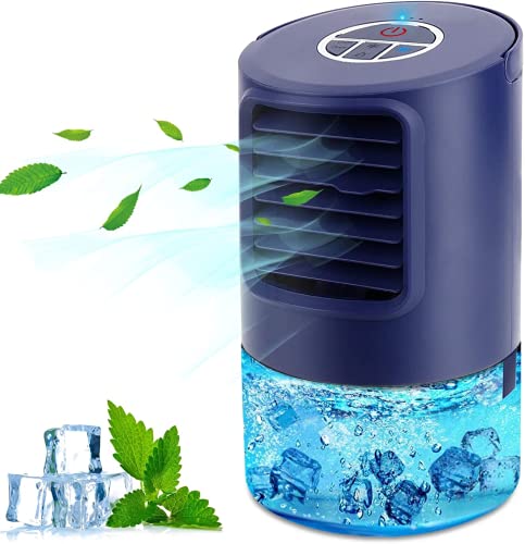 Aire Acondicionador Pequeño, Purificador de Humidificador de Ventilador Enfriador 4 en 1, con 3 Velocidades Temporizador de 2/4 Horas, 7 Colores LED Luces, para el Hogar y la Oficina (Azul)