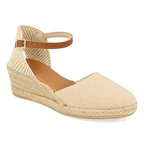 Alpargata de Cuna para Mujer, Sandalia Cerrada Estilo Valenciana, Hecha en Espana, Pala de Lona, Yute 4 Cuerdas, Cierre de Hebilla, Primavera Verano 2021. Talla 39 Beige