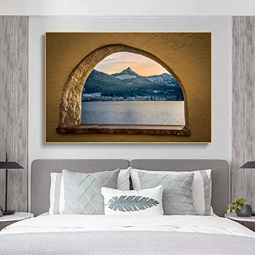 AOXULIU Cuadro sobre Lienzo 40x60cm Sin Marco Póster de puesta de sol con vista al lago y a la montaña Póster de baño Impresiones en lienzo Casa de diseño para el hogar