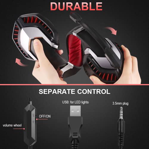 Auriculares Gaming para PS4 PS5 PC Xbox One Mac, Cascos Gaming Premium Estéreo con Microfóno reducción de Ruido, Jack Audio 3,5mm, Gaming Headset con Luz LED para Switch Computadora, Rojo