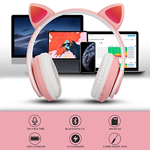 Auriculares Inalámbricos Bluetooth con Luz Cascos Diadema con Oreja de Gato Auriculares Plegable Cancelación de Ruido Sendowtek Auriculares Rosa con Microfono Incorporado para NS Movil PC Tablet PS4