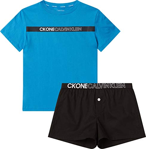 Calvin Klein Woven PJ Set (SS+Short) Juego de Pijama, Blue Petal/W/Pvhblack, 12-14 Jahre para Niños