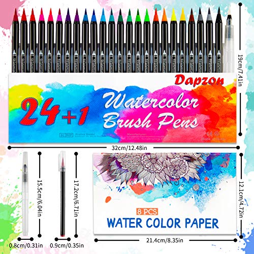 Dapzon Rotuladores Acuarelables, 24 Bolígrafos de Acuarela con Nylon Punta, 1 Pincel de Agua y 8 Bloc Dibujo, Rotuladores Lettering Punta Pincel para dibujar y colorear, Manga, Bullet Journa