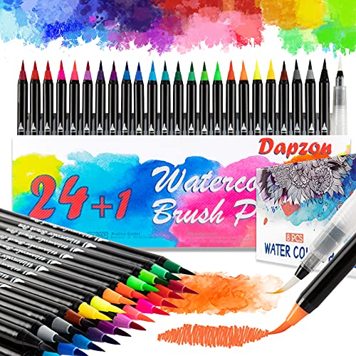 Dapzon Rotuladores Acuarelables, 24 Bolígrafos de Acuarela con Nylon Punta, 1 Pincel de Agua y 8 Bloc Dibujo, Rotuladores Lettering Punta Pincel para dibujar y colorear, Manga, Bullet Journa