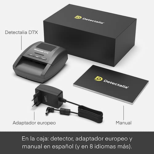 Detectalia D7X - Detector de billetes falsos con 100% detección y reintegro de falsificaciones no detectadas para las divisas EUR, GBP, CHF, PLN, CZK y SEK - 14 x 12 x 6 cm