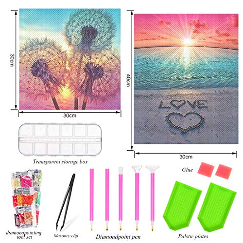 DIY 5D Diamante Pintura Kits, Amor de Playa y Diente de León Diamond Painting, DIY 5D Diamond Pintura por Número Kit, Completo Bordado Punto de Cruz Diamante Craft for Home Wall Decoration (Rosado)