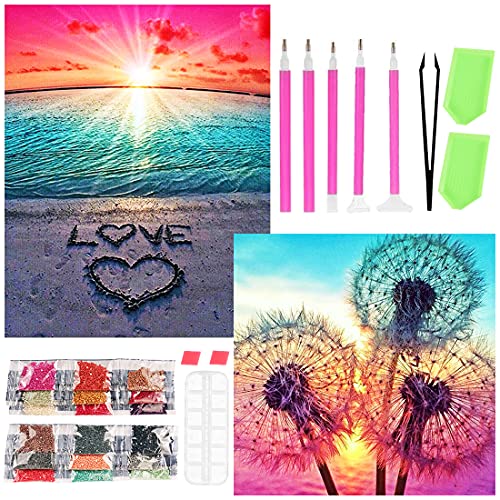 DIY 5D Diamante Pintura Kits, Amor de Playa y Diente de León Diamond Painting, DIY 5D Diamond Pintura por Número Kit, Completo Bordado Punto de Cruz Diamante Craft for Home Wall Decoration (Rosado)