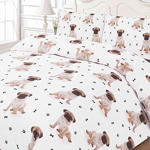 Dreamscene – lujosamente suave Animal Pug funda de edredón juego de cama con fundas de almohada, blanco, doble