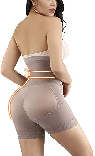 FeelinGirl Faja Patalón para Mujeres Braguita Modeladora s Shapewear de Cintura con Piernas Encaje Dobladillo Marrón Cintura 78-84cm(L/Talla 40-42)